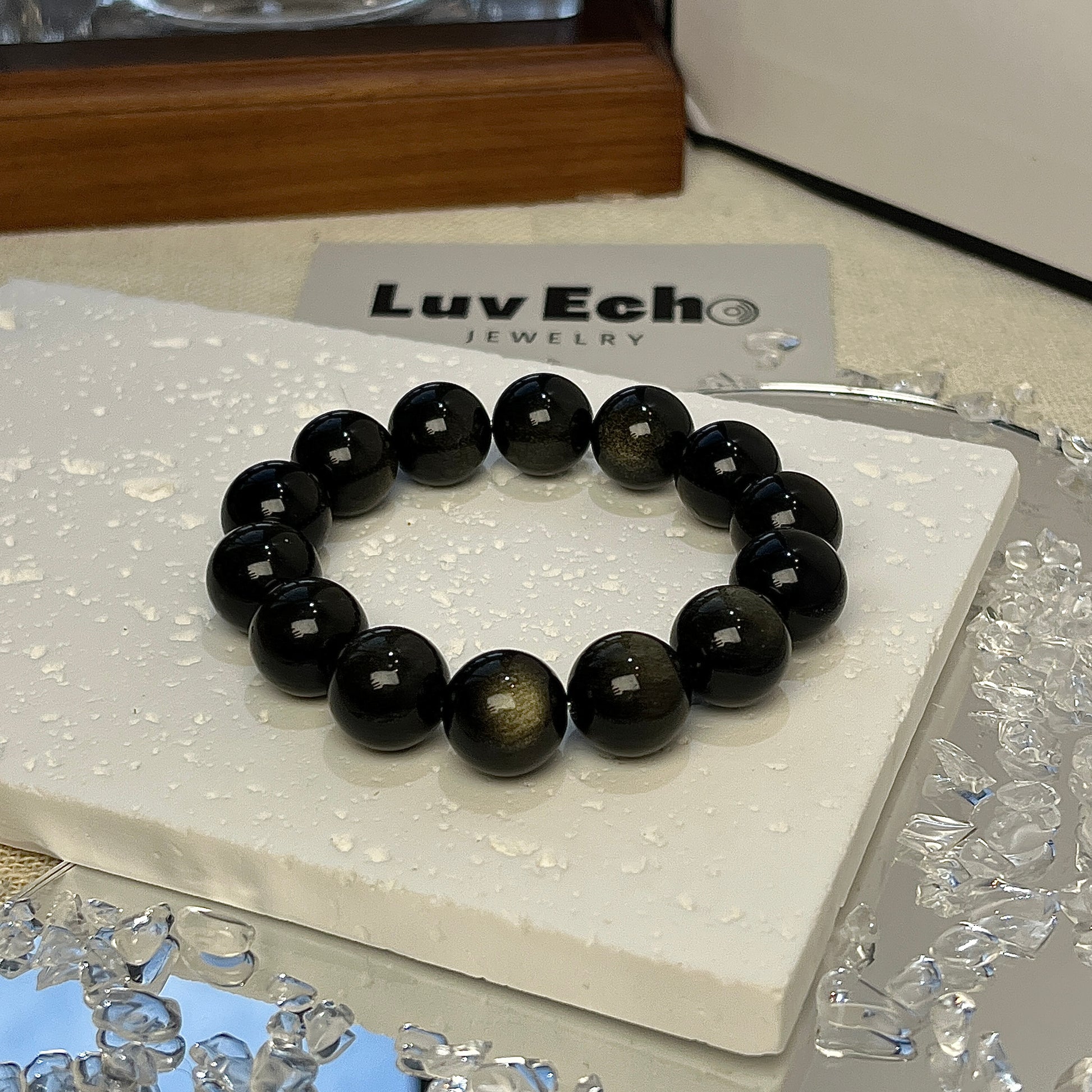 LuvEcho Jewelry Luminous Empowerment Bracelet showcasing 12mm Golden Sheen Obsidian beads for enhanced clarity and energetic support