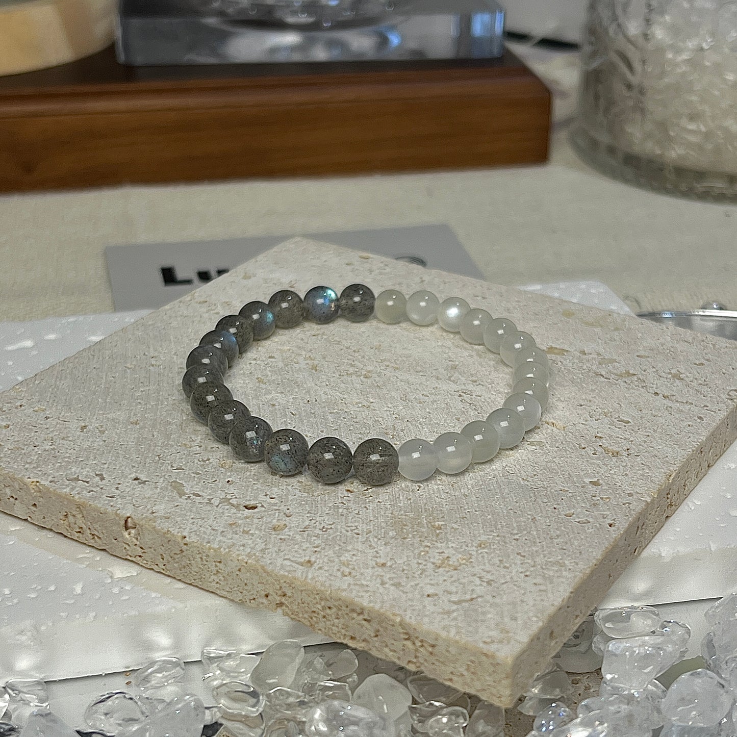 Lunar Harmony Bracelet by LuvEcho Jewelry featuring 6mm Moonstone and Gray Moonstone beads for intuition.