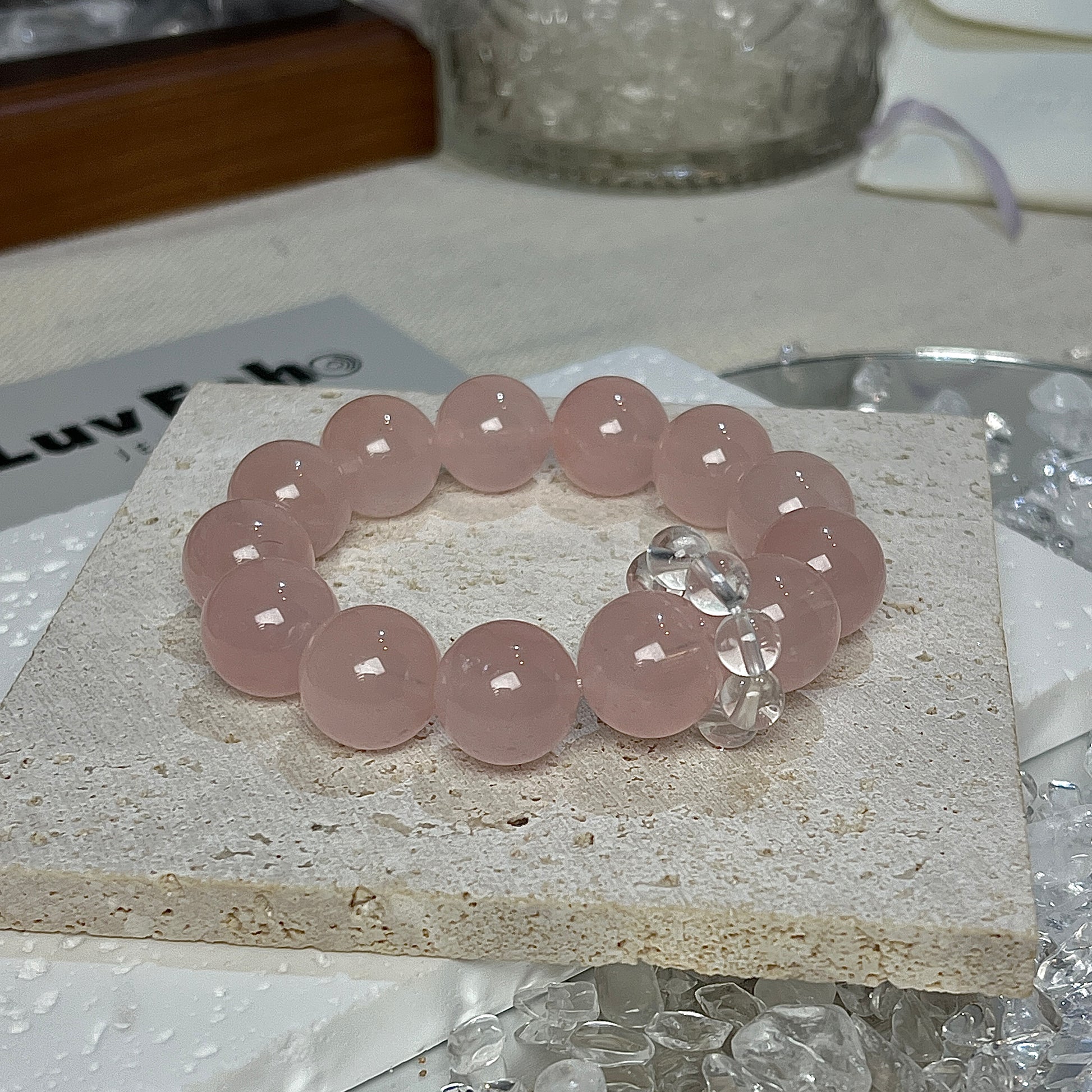 LuvEcho Jewelry Loving Serenity Bracelet with 13mm Rose Quartz and a 6mm Crystal Quartz circle band for peace.