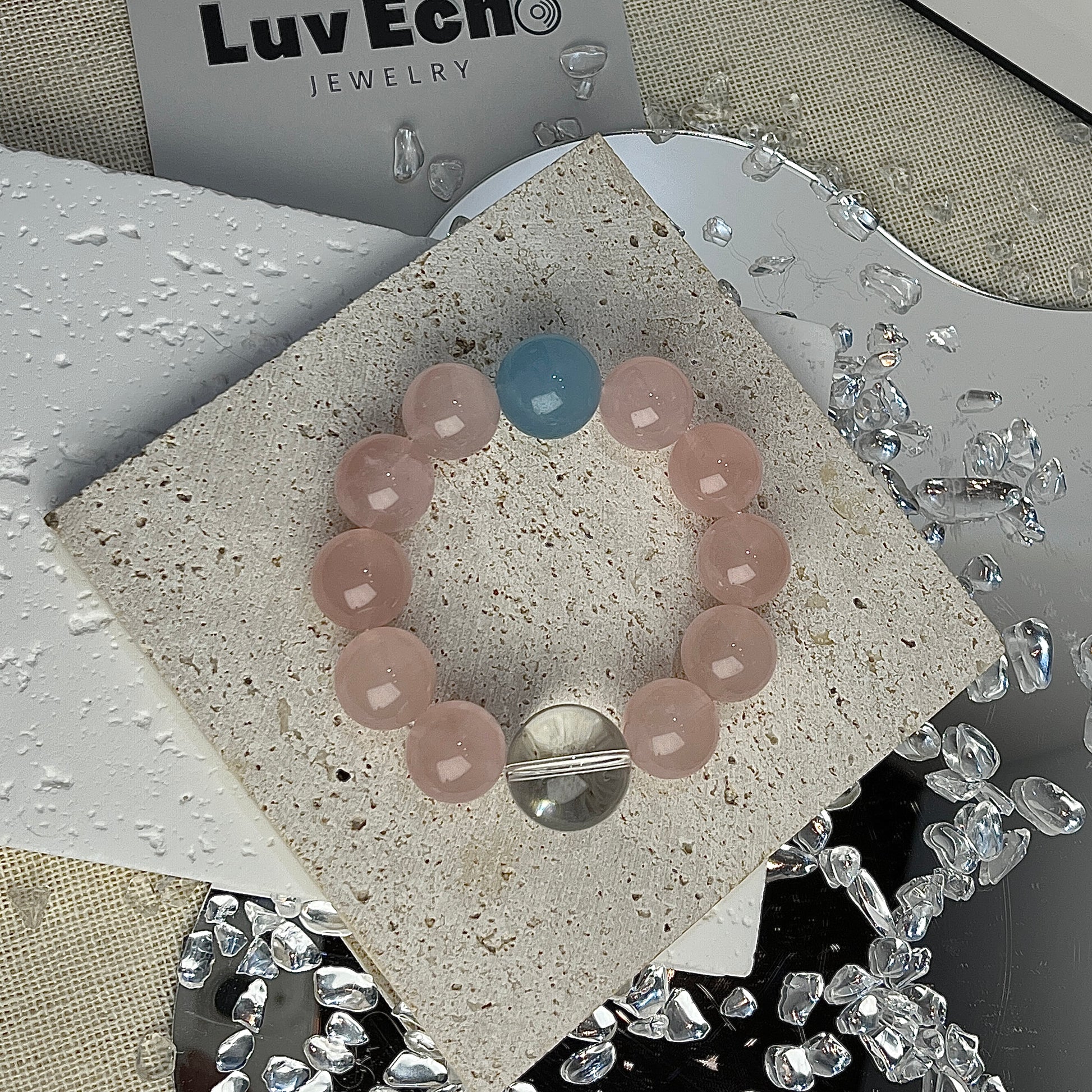 LuvEcho Jewelry's elegant energy bracelet with Rose Quartz, Aquamarine, and Crystal Quartz for emotional well-being