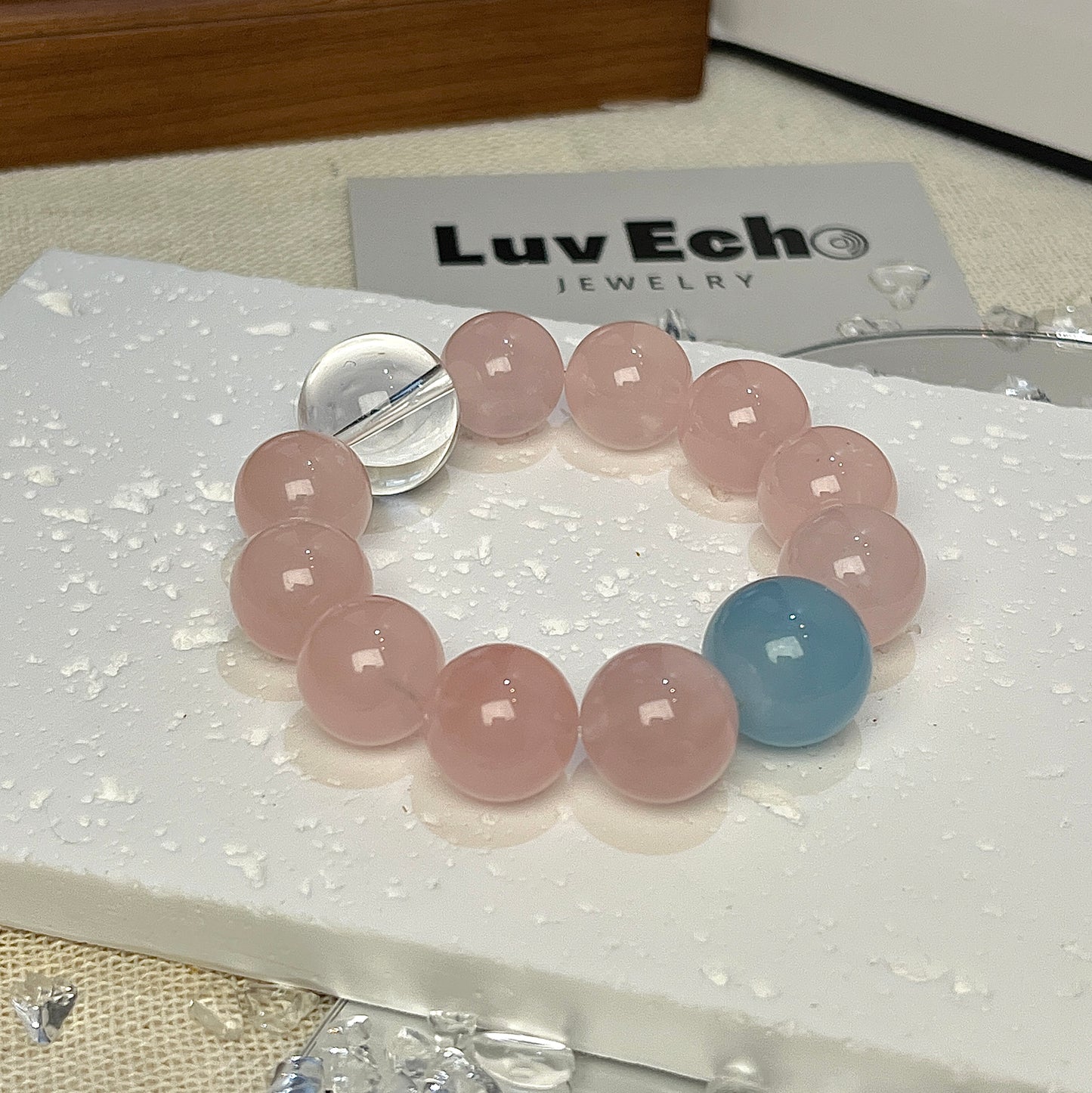 LuvEcho Jewelry's Serenity Trio Energy Bracelet - a harmonious blend of Rose Quartz, Aquamarine, and Crystal Quartz for balance