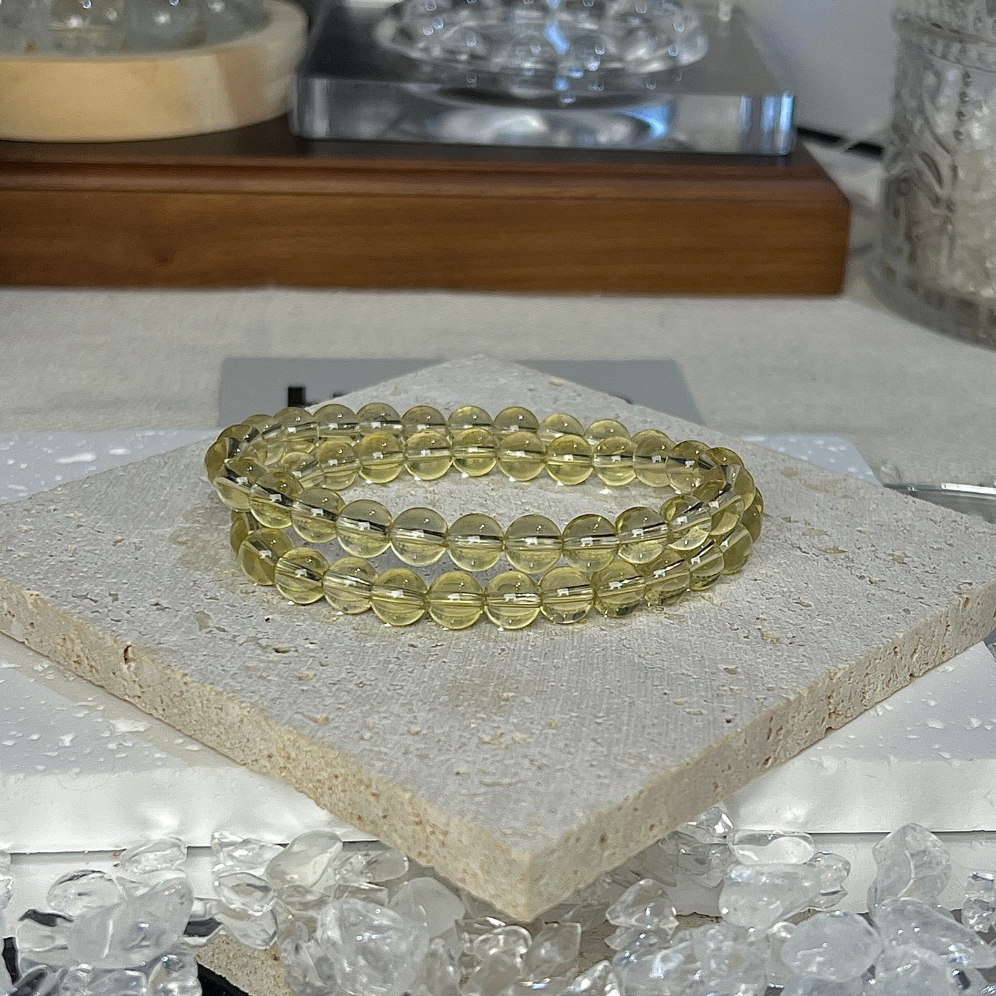 Sunlit Glow Wrap Bracelet from LuvEcho Jewelry with Citrine crystals, worn to promote joy, wealth, and a fashionable wrapped style