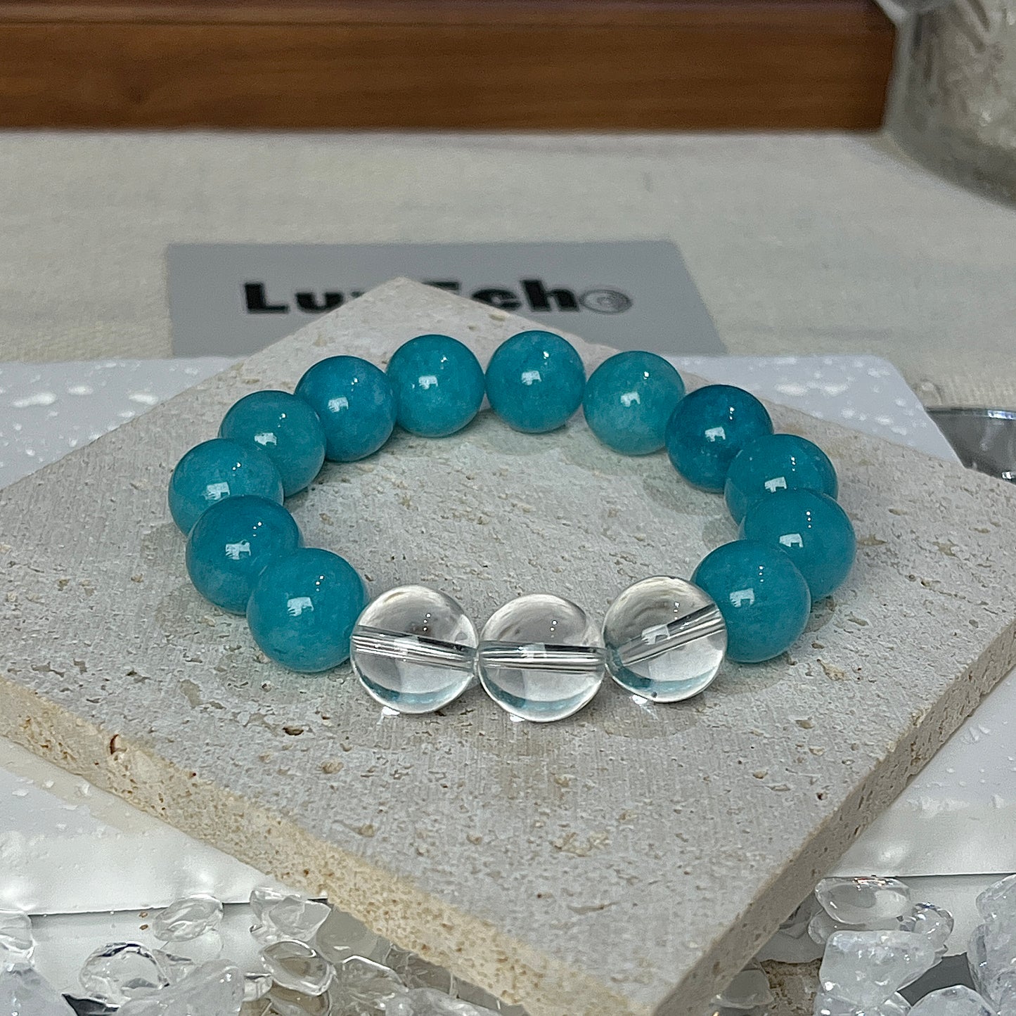 LuvEcho Jewelry bracelet with Amazonite and Crystal Quartz, offering calming energy and enhanced mental focus.