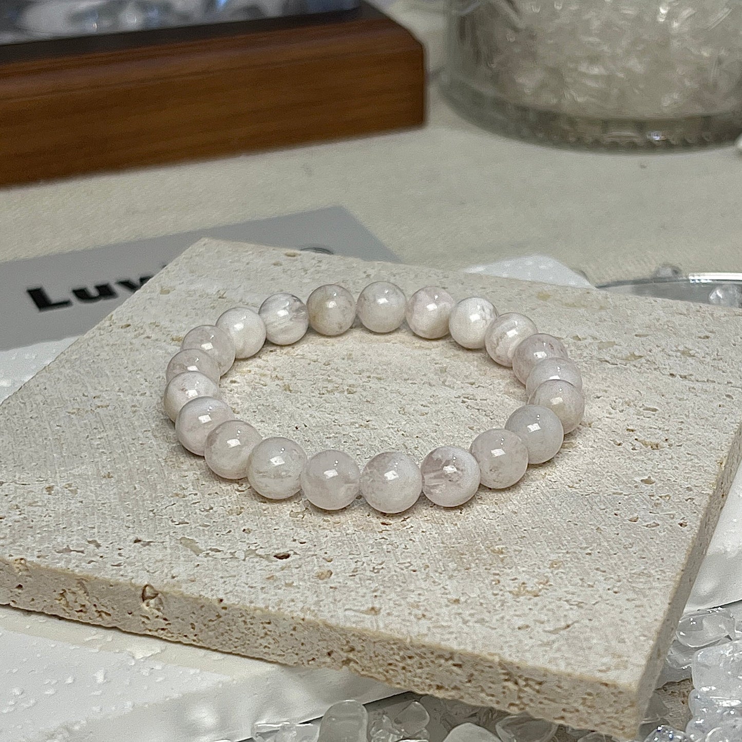 Pinkish Snowflake Phantom Quartz bracelet promoting inner peace and spiritual clarity, a calming piece by LuvEcho Jewelry