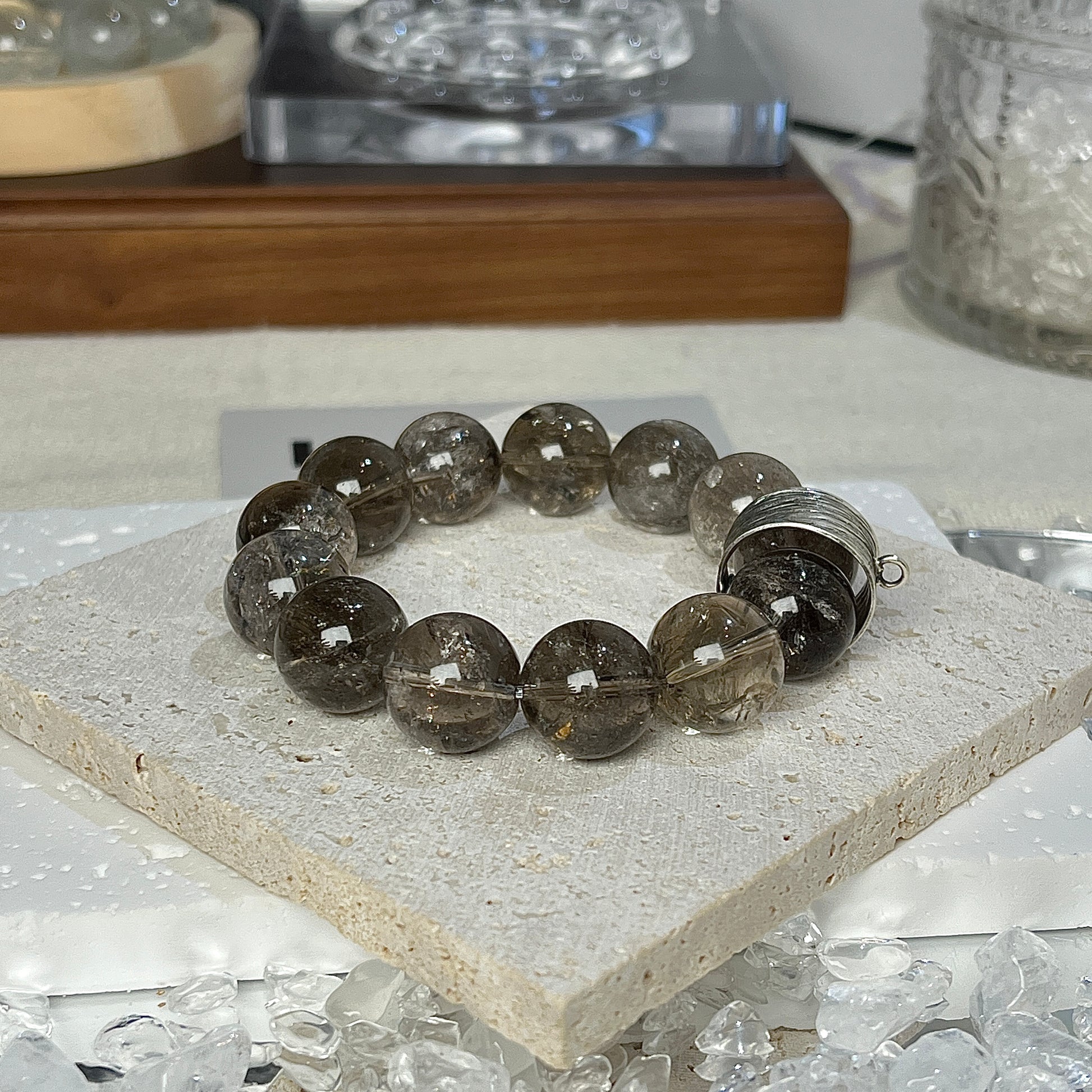 Smoky Azeztulite bracelet by LuvEcho Jewelry, with retro sterling silver ring accent designed to promote clarity and emotional grounding.