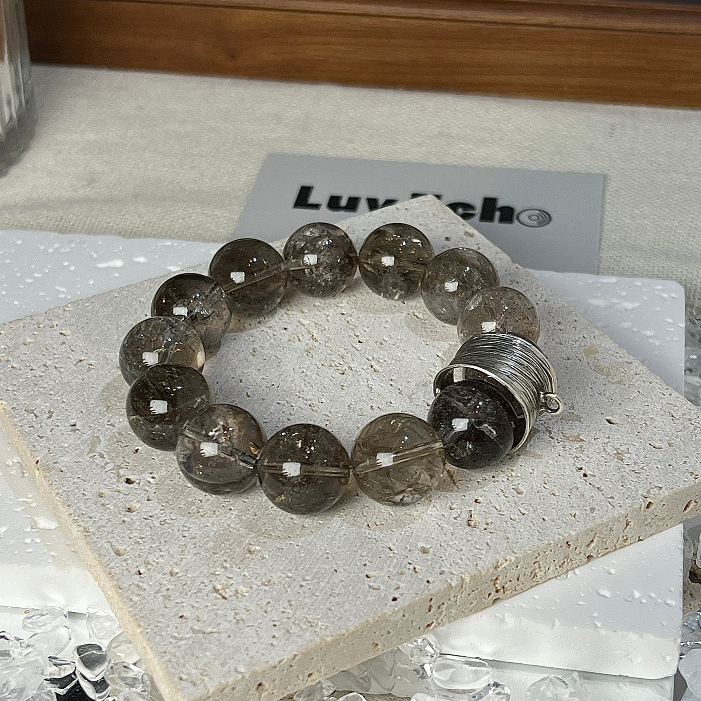 Empowering Smoky Azeztulite bracelet with 925 sterling silver retro-style ring accent, crafted by LuvEcho Jewelry for enhancing focus, balance, and intuition.