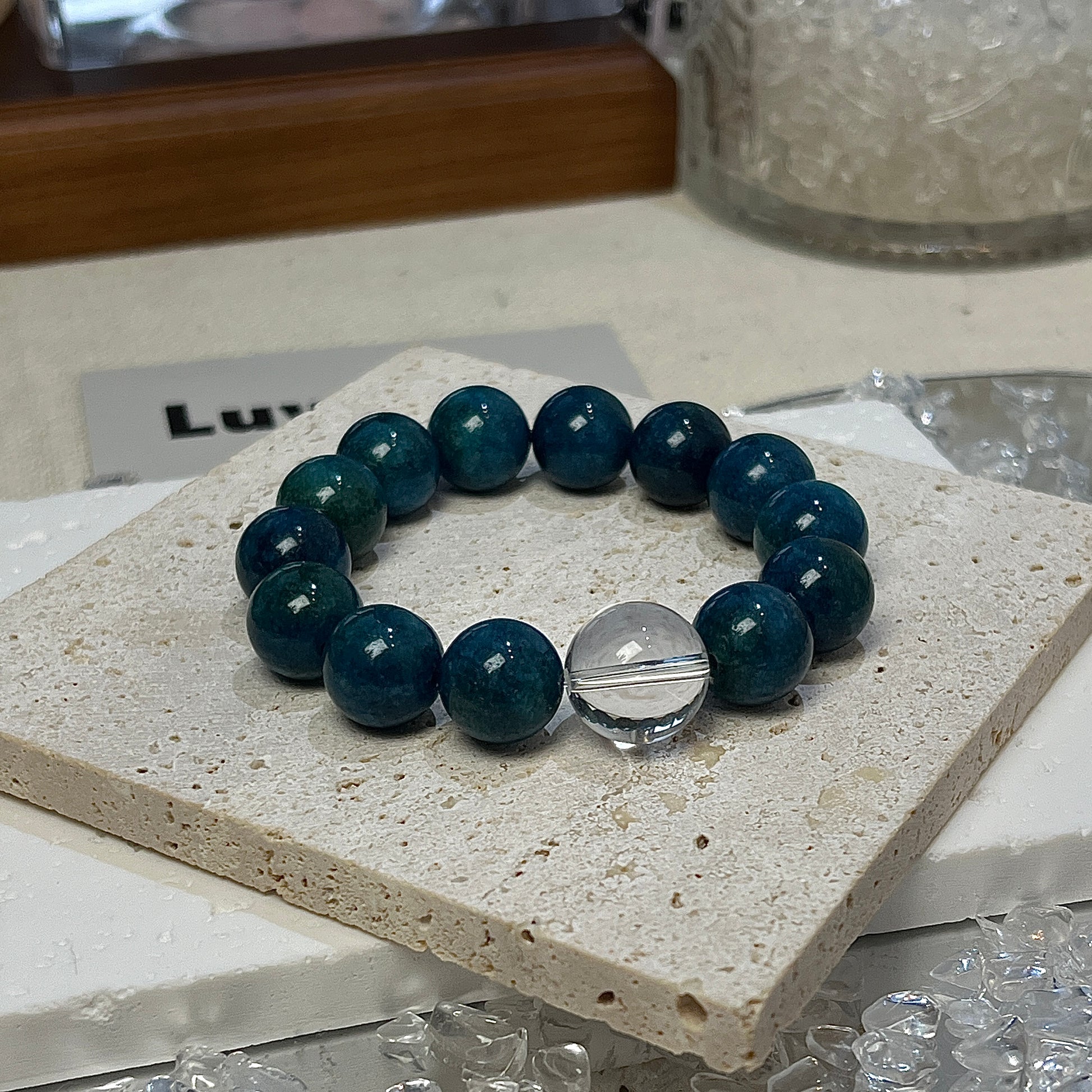 LuvEcho Jewelry Inspired Vision Bracelet featuring 12mm Blue Apatite beads and a central 14mm Crystal Quartz bead.