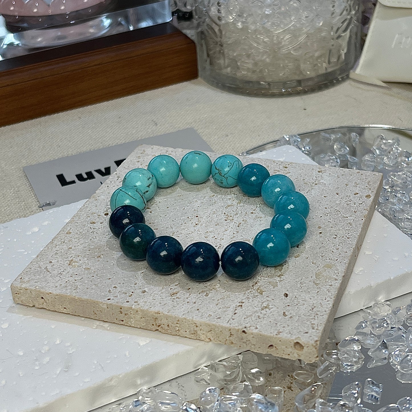 LuvEcho Jewelry Tranquil Harmony Trio Bracelet featuring 12mm Turquoise, Blue Apatite, and Amazonite beads