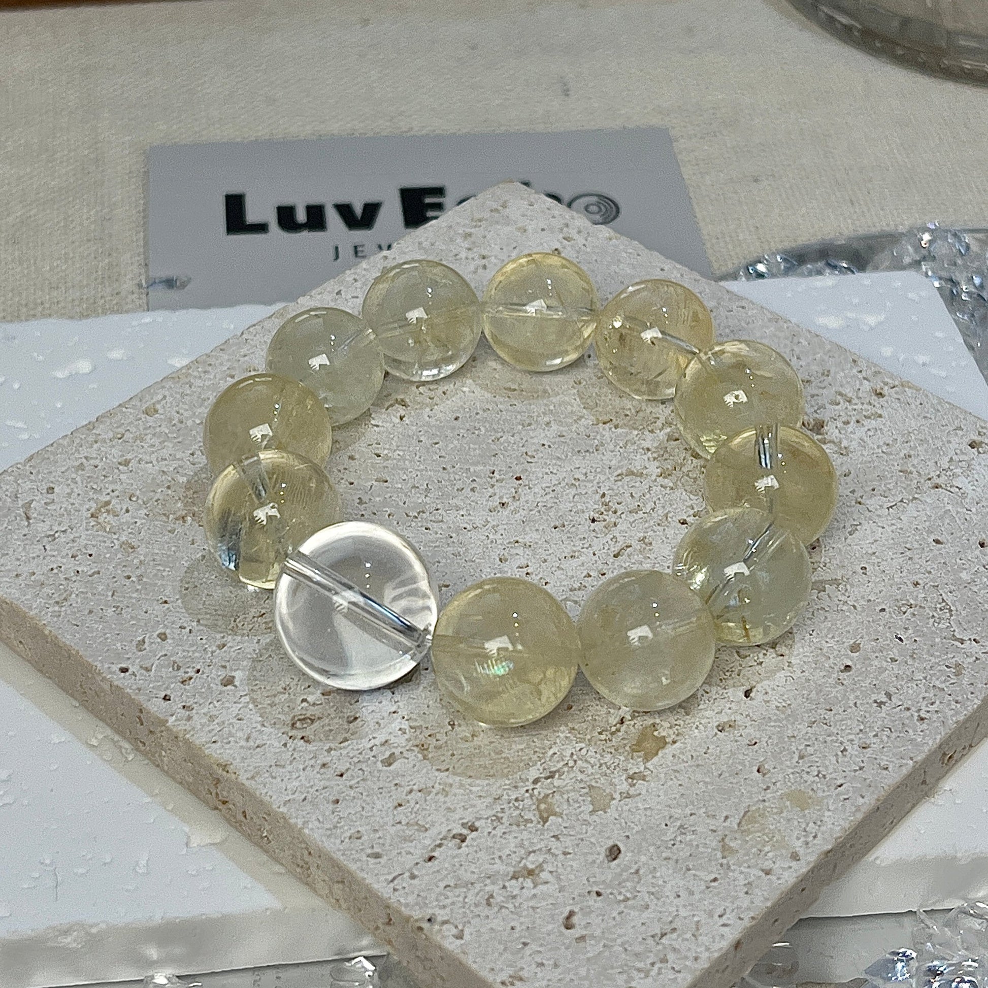 Abundance Joy Bracelet featuring 14mm Citrine Azeztulite beads and a central Crystal Quartz bead for manifestation.