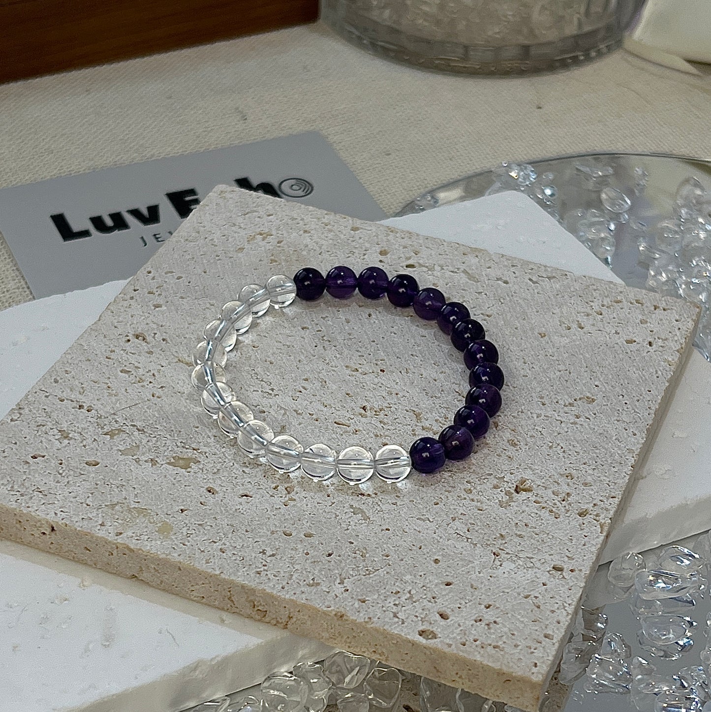 Elegant Balanced Energy Bracelet with 6mm Amethyst and Crystal, designed for spiritual growth and balance.