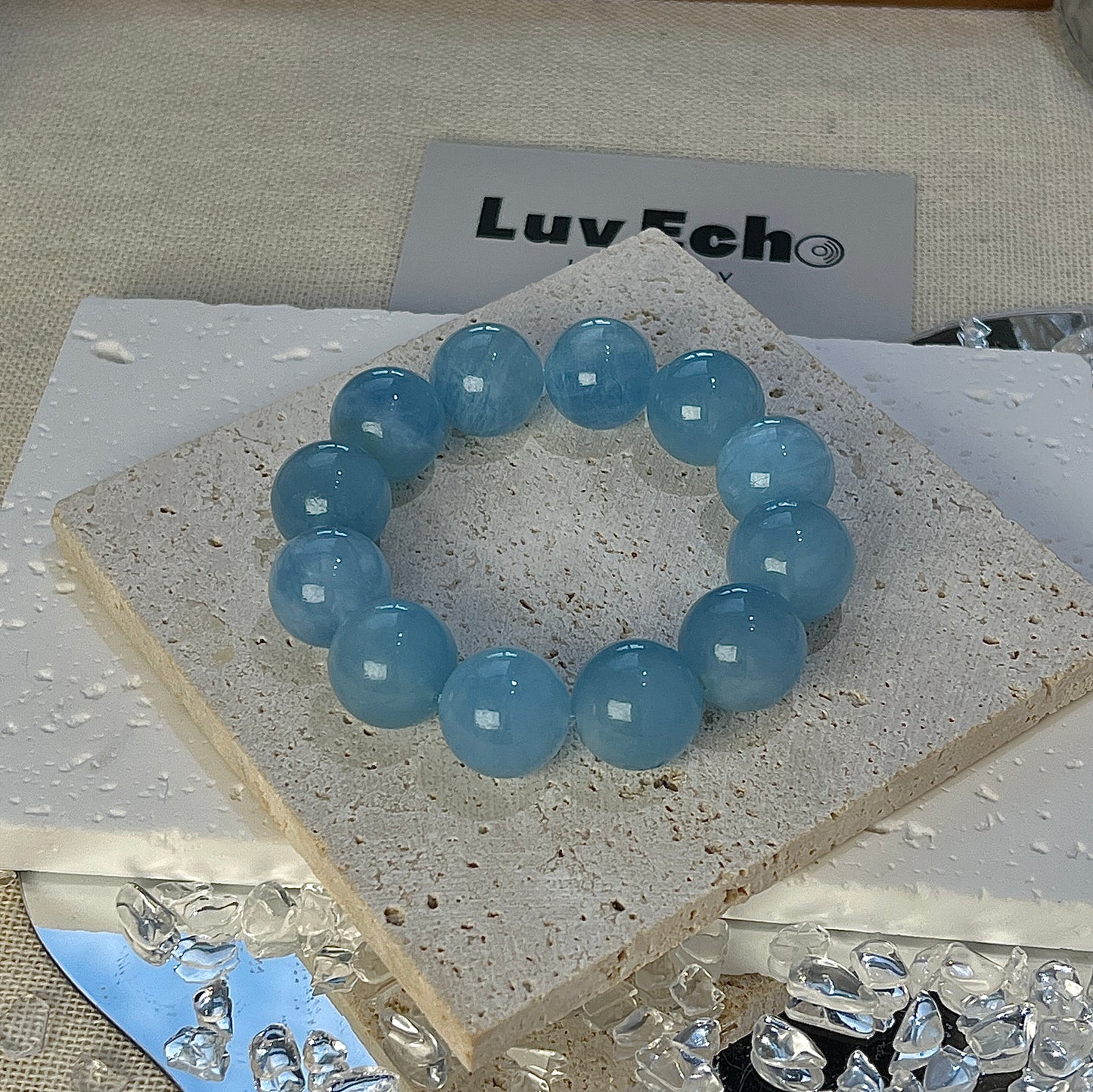 15mm Aquamarine Healing Bracelet from LuvEcho Jewelry, designed to promote calmness and self-expression