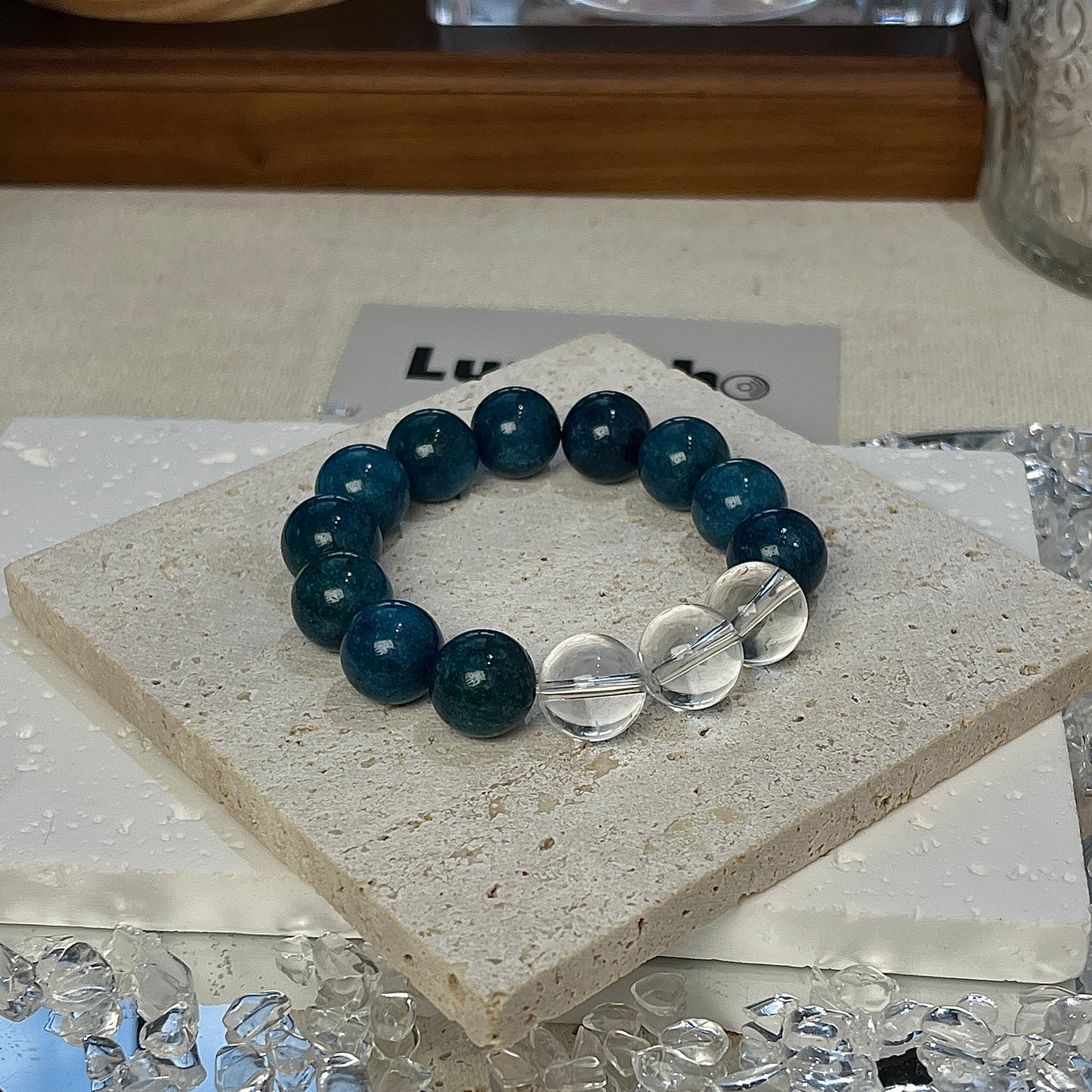 Beautifully crafted bracelet with Blue Apatite and Crystal Quartz, perfect for manifesting intentions and focus.