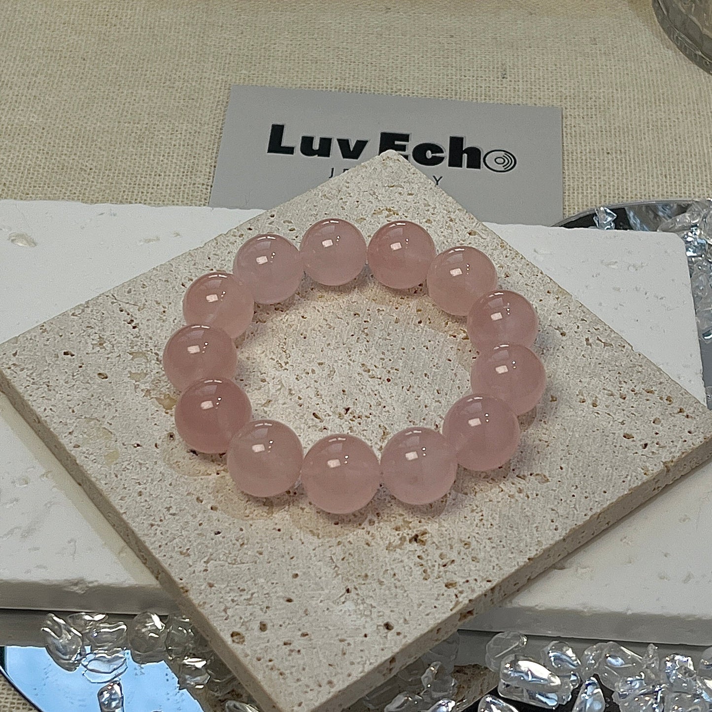 LuvEcho Jewelry Gentle Heart Bracelet with 13mm Rose Quartz beads, designed to nurture self-love and compassion.