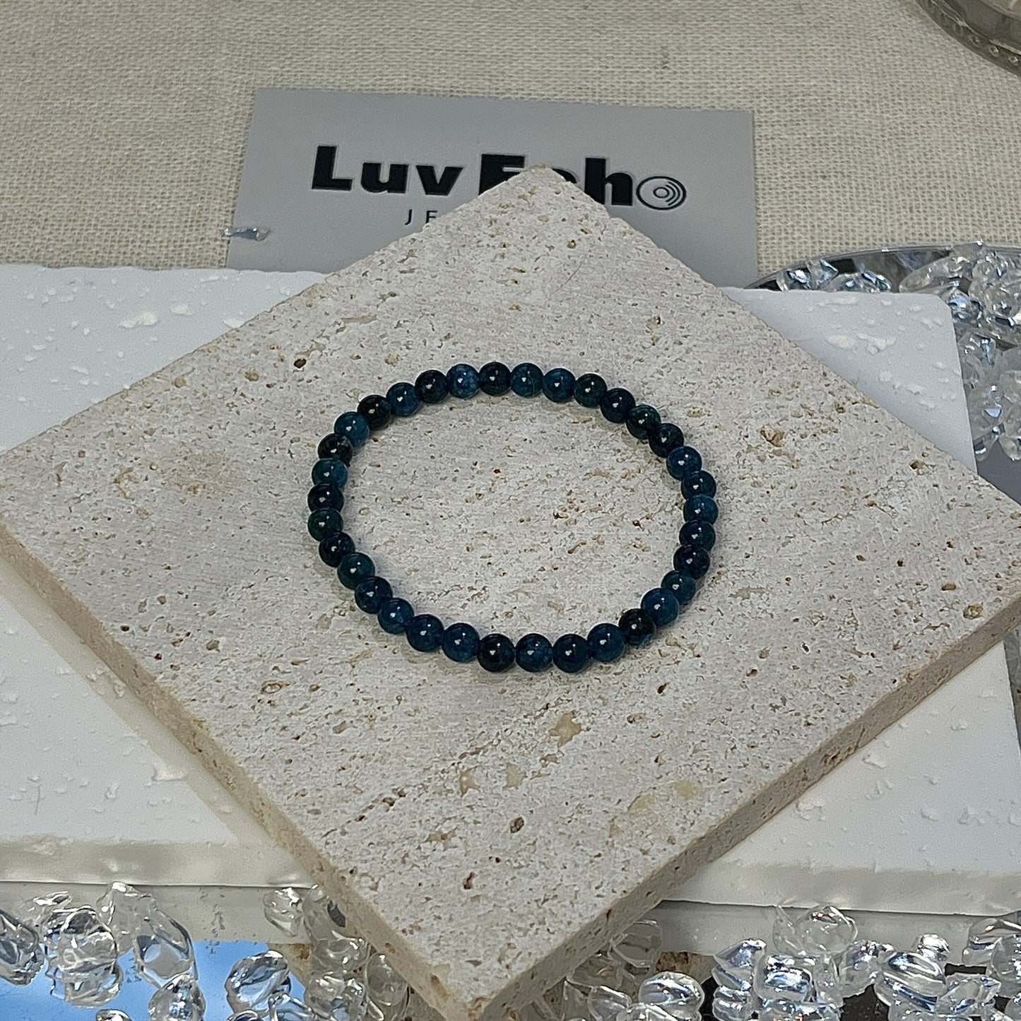 LuvEcho Jewelry Ocean Essence Bracelet featuring 4mm Blue Apatite beads for calm and clarity.