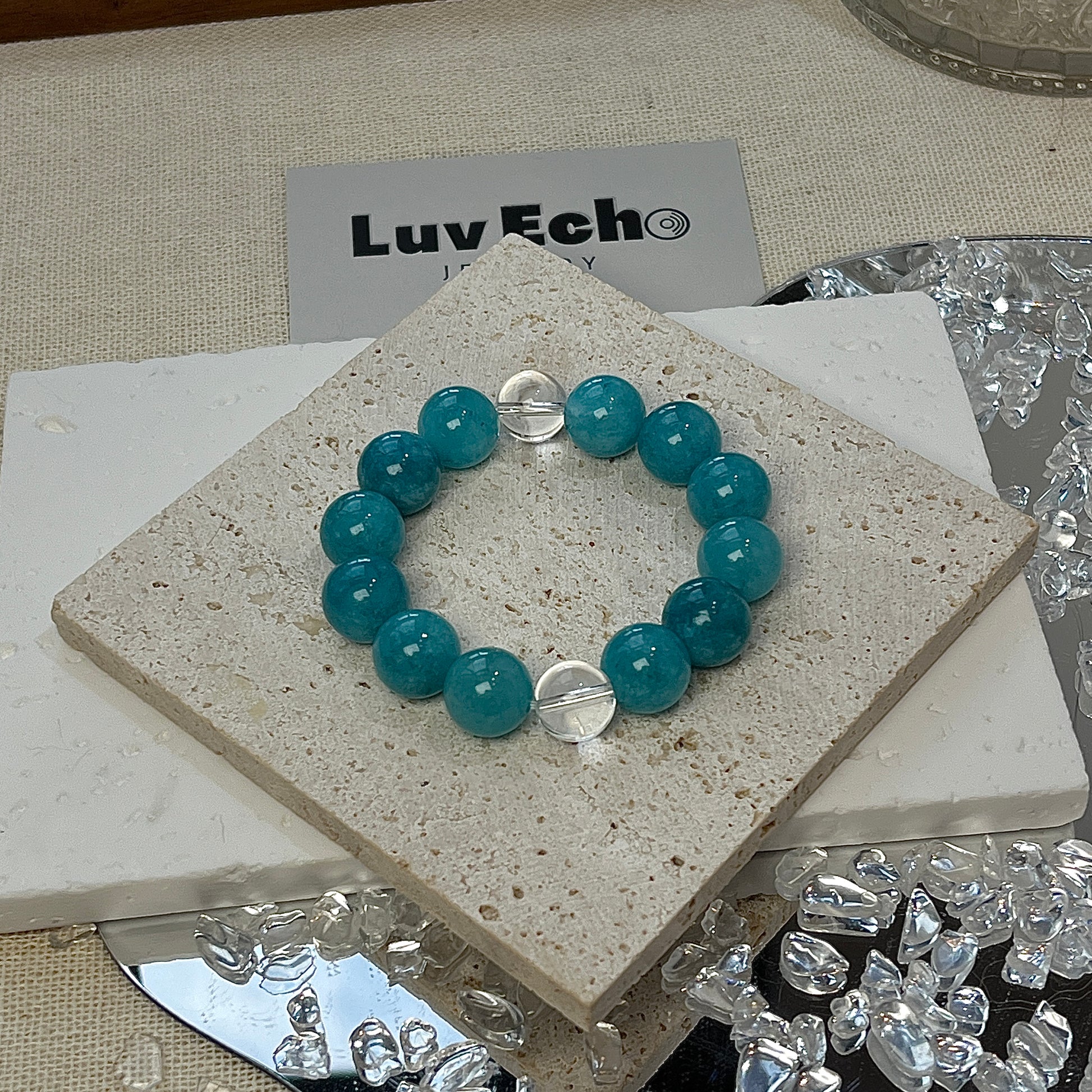 Elegant bracelet combining Amazonite and Crystal Quartz, designed to promote peace and emotional balance