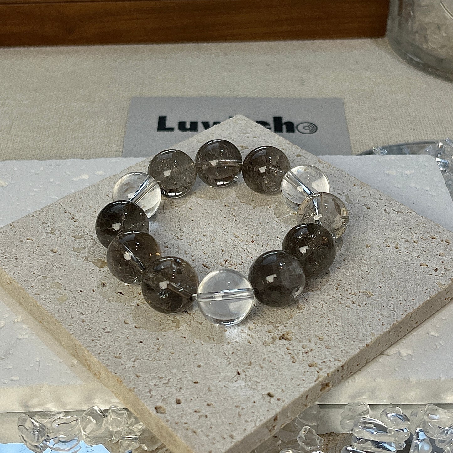 Transcendent Balance Bracelet featuring 14mm Smoky Azeztulite beads and three Crystal Quartz beads for grounding.