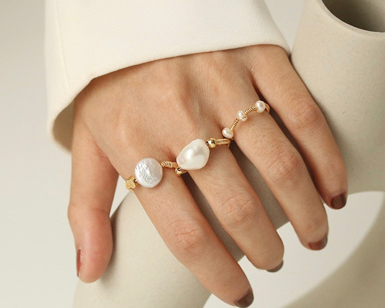 Elegant Model Showcasing Lydia Baroque Pearl Brass Wire Ring