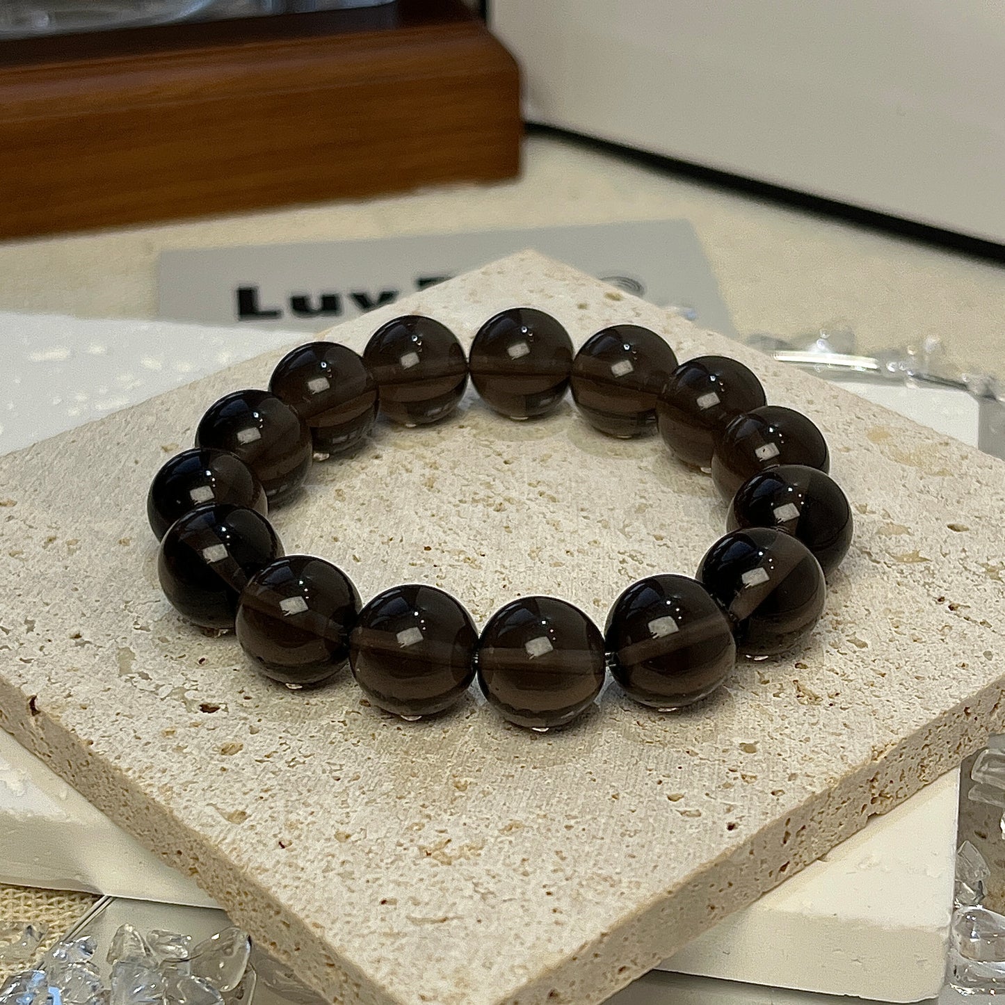 LuvEcho Jewelry Resilient Shield Bracelet featuring 12mm Apache Tears beads, known for emotional protection and grounding