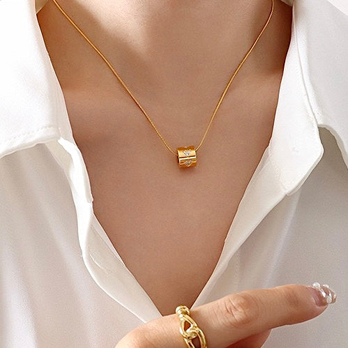 Ruth Hollow Cylinder Pendant Necklace in Gold - Front View by LuvEcho Jewelry