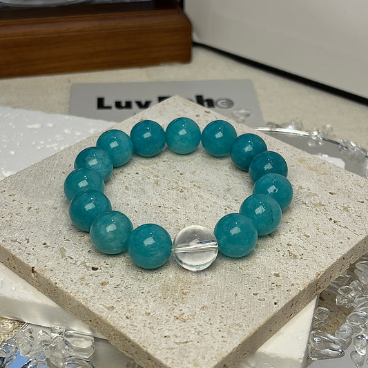  LuvEcho Jewelry Serenity Focus Bracelet featuring 12mm Amazonite beads with a central Crystal Quartz bead, promoting emotional balance and mental clarity