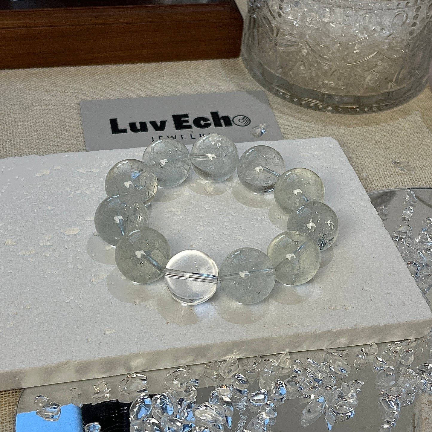 LuvEcho Jewelry bracelet featuring 17mm Green Azeztulite and Crystal Quartz for spiritual awakening and energy amplification