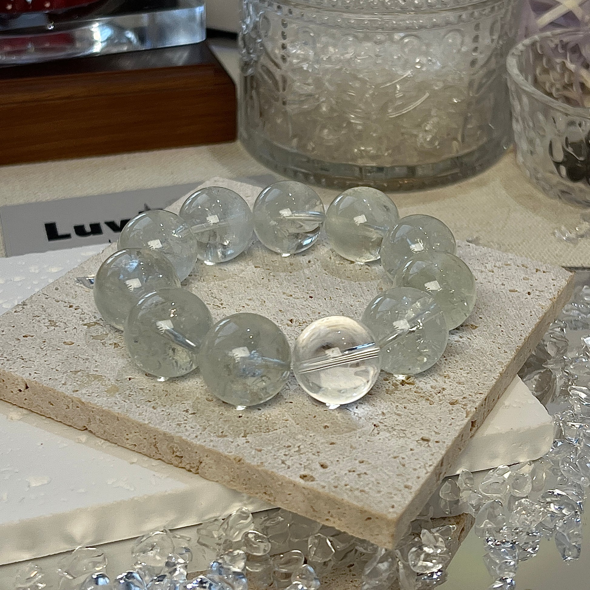 LuvEcho Jewelry Spiritual Awakening Bracelet crafted with 17mm Green Azeztulite and Crystal Quartz for raising spiritual consciousness and promoting inner peace