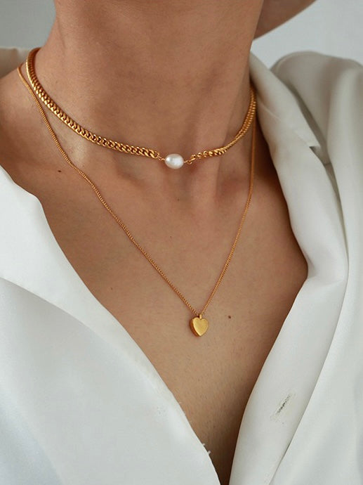 Lifestyle Shot of Taylor Pearl Heart Necklace with Thick Chain by LuvEcho Jewelry