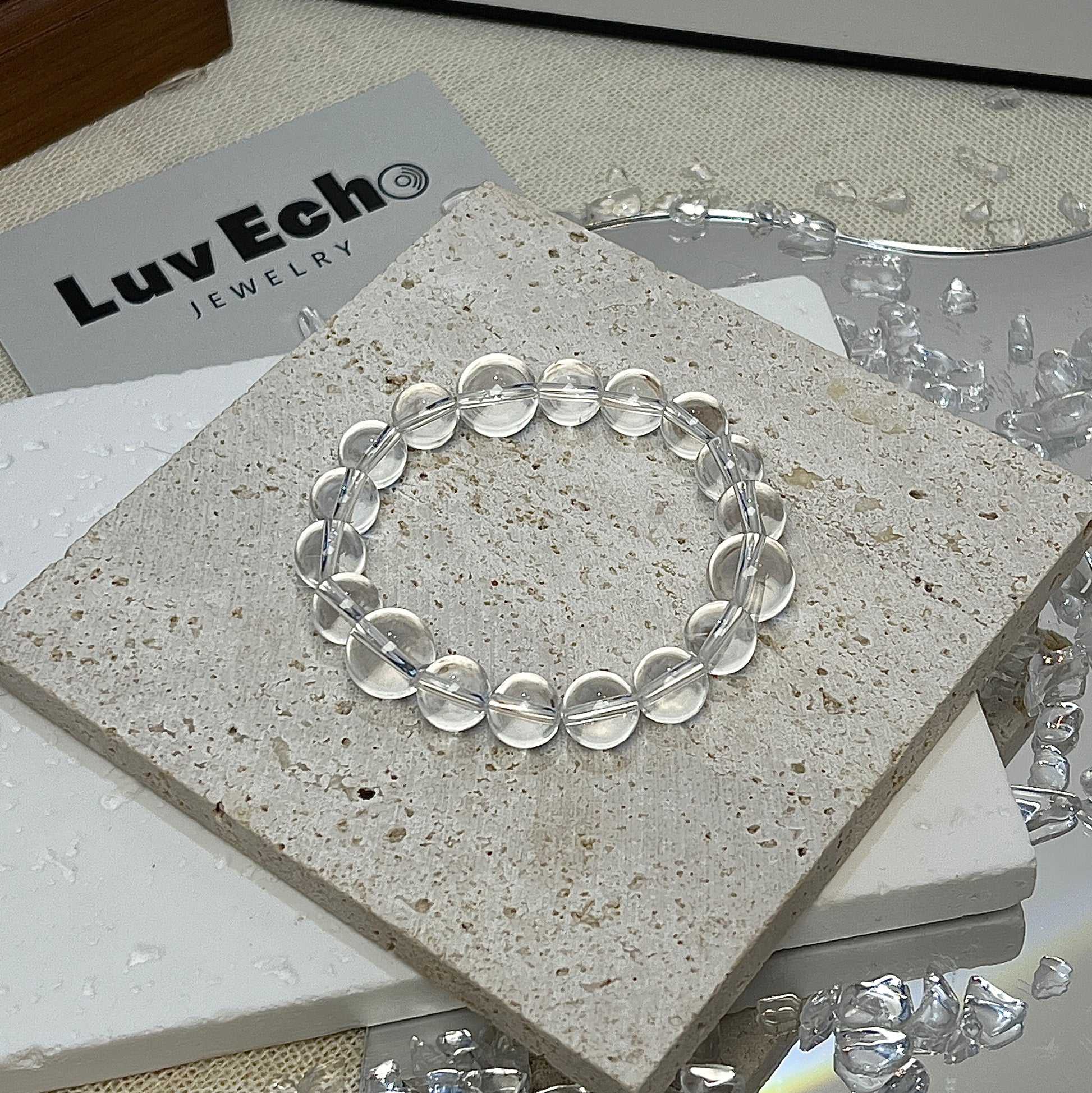 Elegant 8mm and 10mm Crystal Quartz beaded bracelet for energy clarity from LuvEcho Jewelry