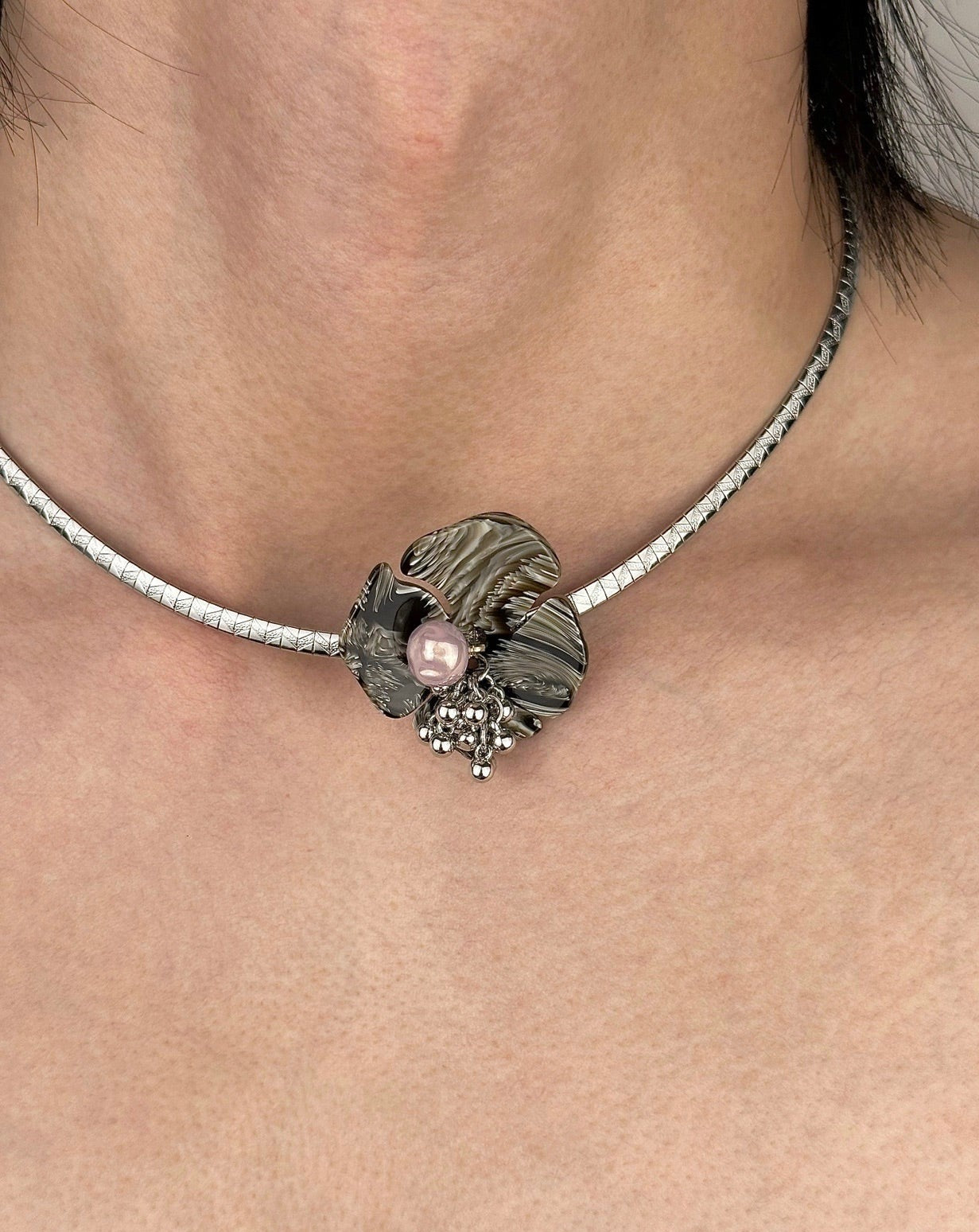 Gabriel Delicate Retro Punk Collar Necklace with White Acetate Flower Design and Titanium Steel Collar. Luv Echo Jewelry