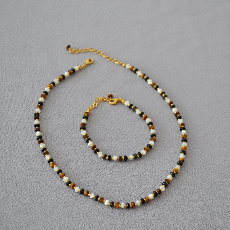 Luv Echo Jewelry - Tiger Eye Stone Shell Black Onyx Beaded Elegant Vintage Necklace Clavicle Chain Bracelet