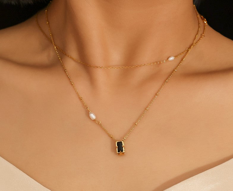 Luv Echo Jewelry - Temperament Design Black Zircon Inlaid Real Pearl Necklace; Easy to go with.