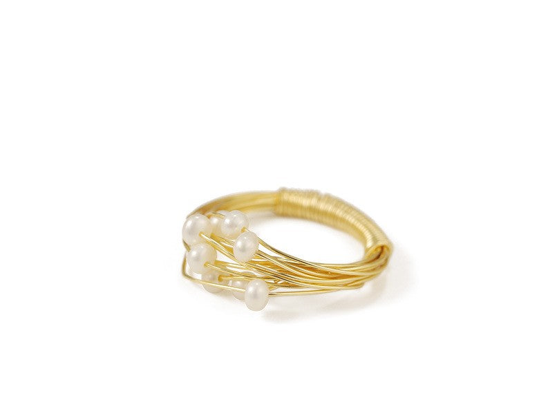 French vintage-style designed fashionable handmade brass-twisted wire and natural pearl ring