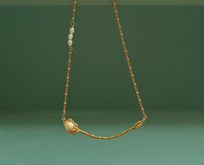 Luv Echo Jewelry - Elegant Pearl Gold Foil Embellished Rose Necklace