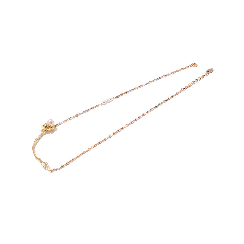 Luv Echo Jewelry - Elegant Pearl Gold Foil Embellished Rose Necklace