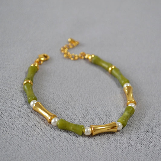 Luv Echo Jewelry - Olive Green Jade Beaded Simple Short Necklace Clavicle Chain / Bracelet