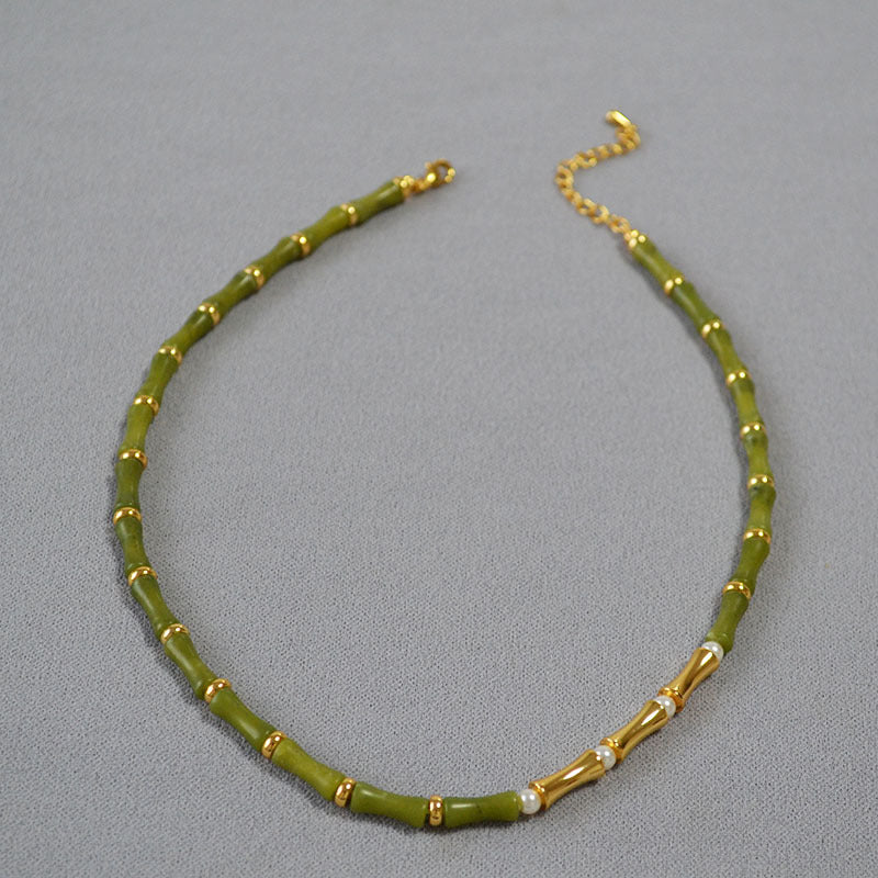 Luv Echo Jewelry - Olive Green Jade Beaded Simple Short Necklace Clavicle Chain / Bracelet