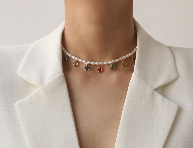 Luv Echo Jewelry - Noble and Elegant Look with Natural Baroque Pearl Necklace With Colorful Crystal Pendants
