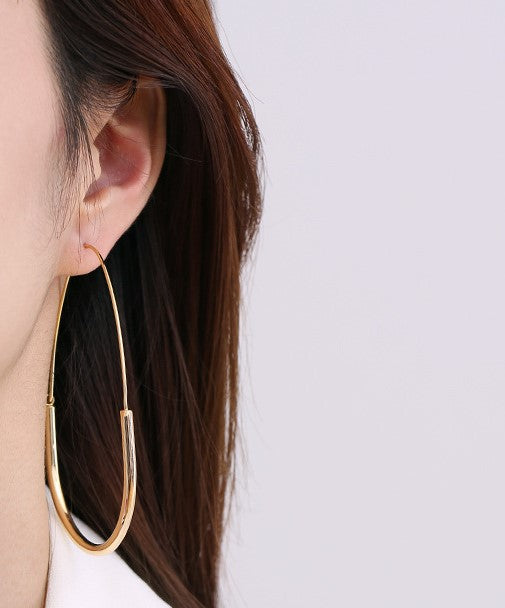 Luv Echo Jewelry - Pin Design Gold Plated Brass Simple Long Exaggerated Oversized Hoop Earrings