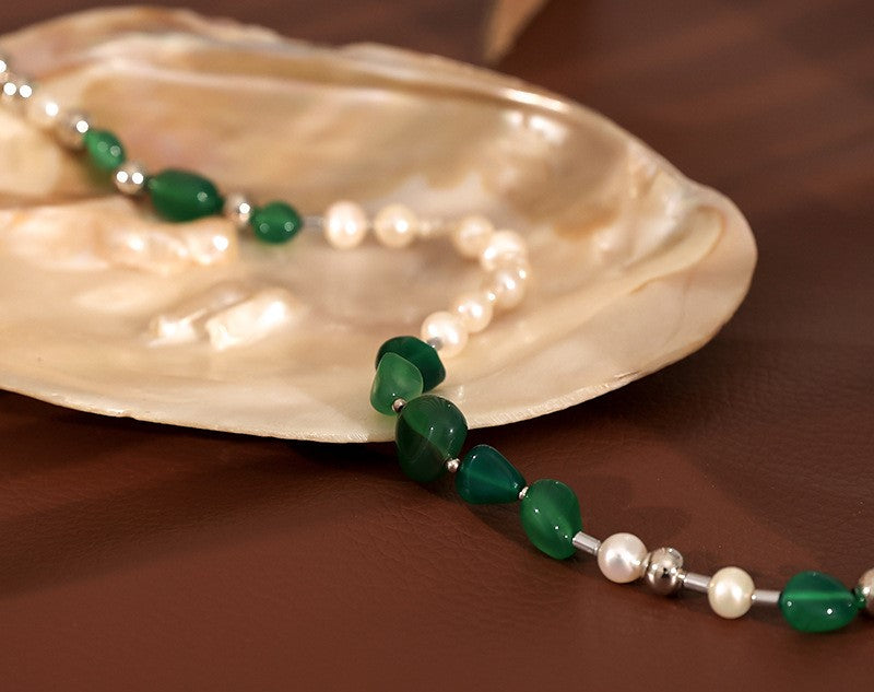 Ada Necklace - Natural Stone and Pearl Beaded Necklace - Detail View